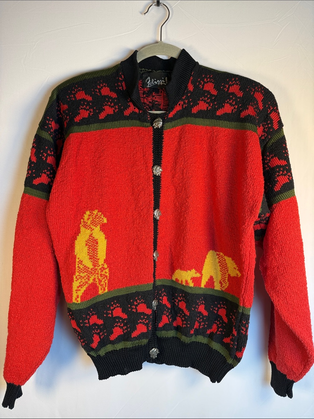 Vintage Felizzi Hand Loomed Red Wool-Blend Button Cardigan w/Yellow BearMotif